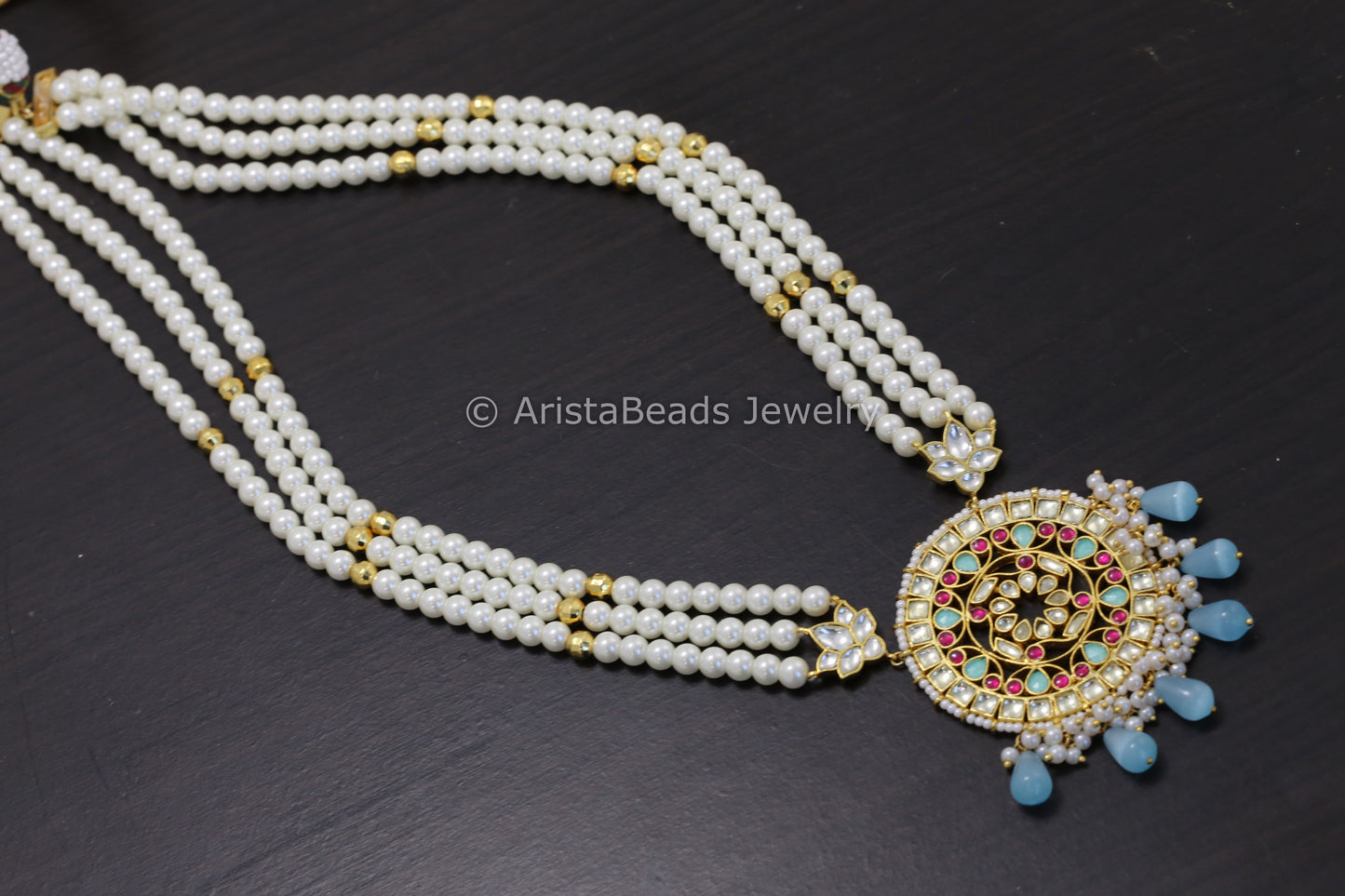 Long Pearl Mala & Pachi Kundan Necklace - Mint Drops