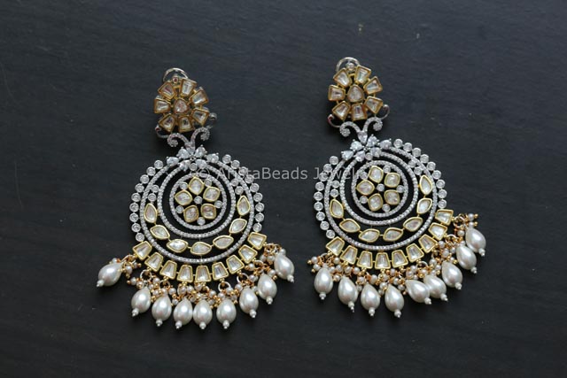 Uncut Kundan Polki Chandbaali - Pearl