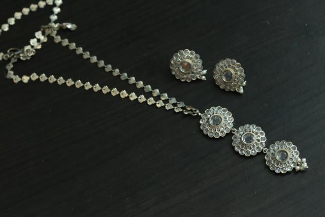Silver Look Long Necklace Set - Clear
