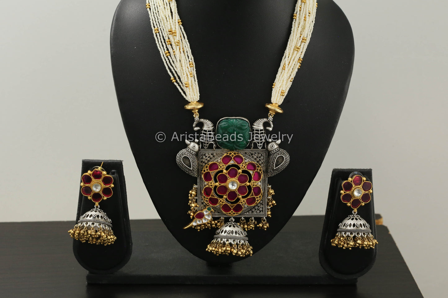 Dual Tone Pota Stone Kundan Necklace Set - Green Ruby