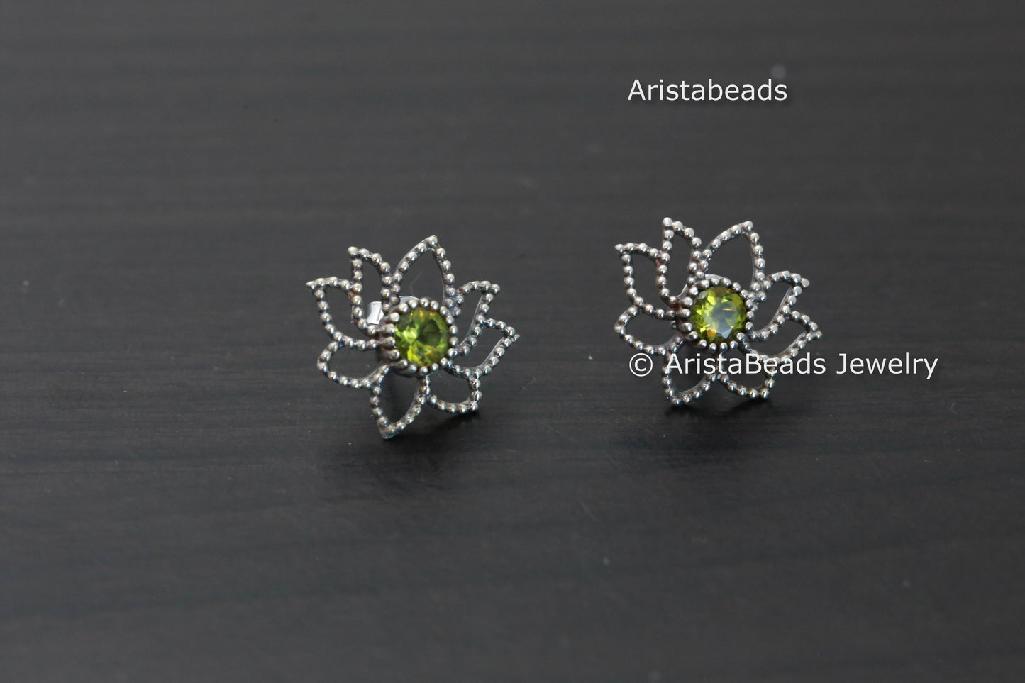 Dainty Sterling Silver Peridot Lotus Earrings