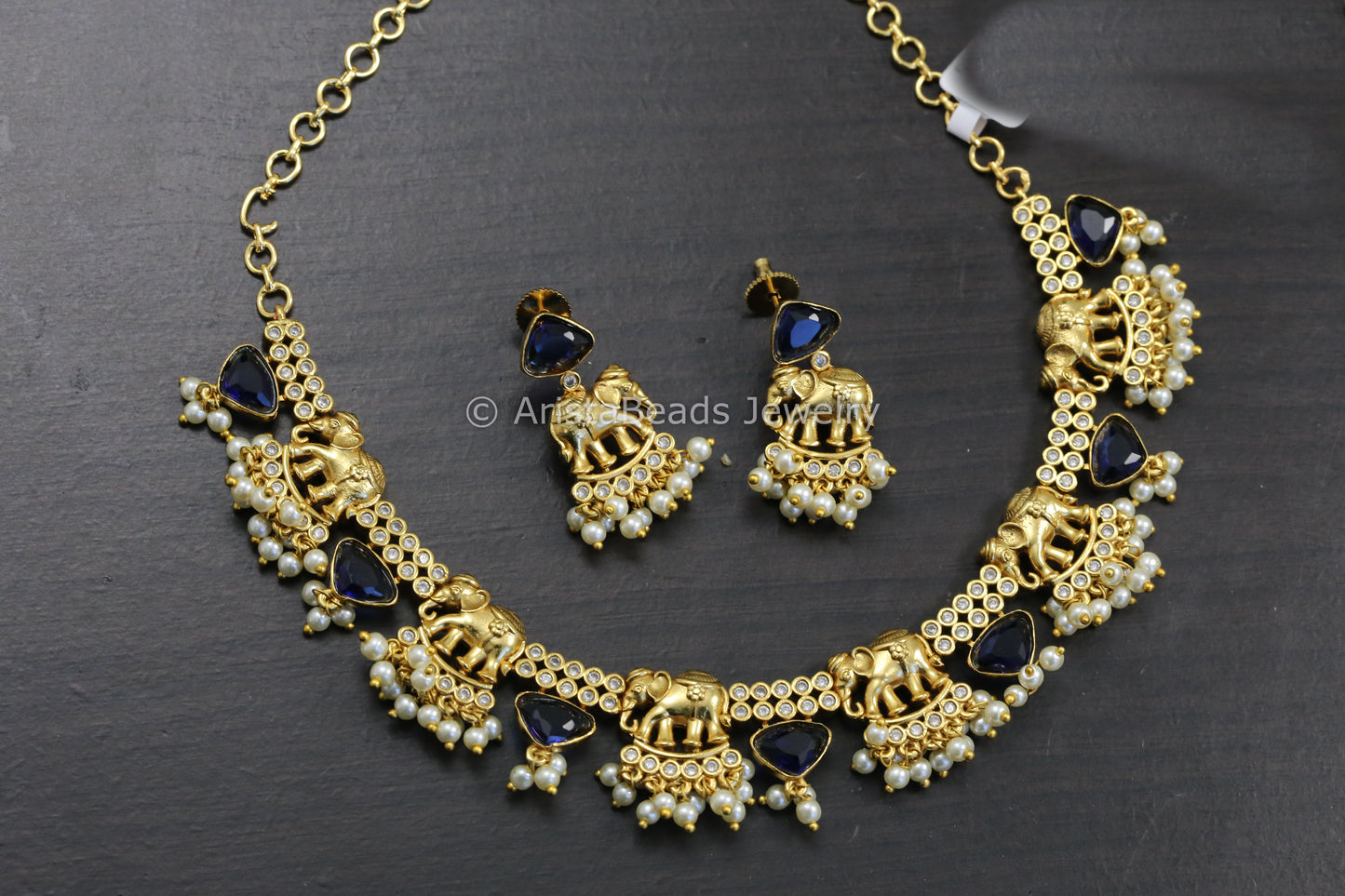 Gold CZ & Elephant Necklace Set - Blue
