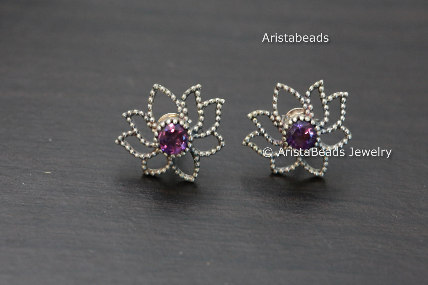 Dainty Sterling Silver Amethyst Lotus Earrings