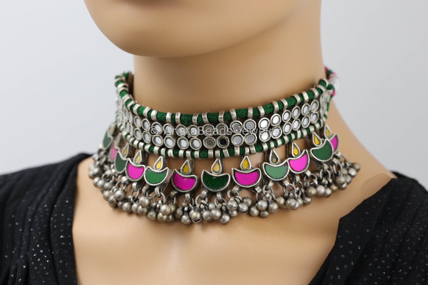 Darpan Oxidized Real Glass Necklace- Multicolor