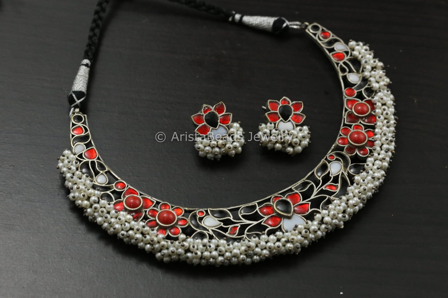 Silver Finish Jadau Hasli Necklace Set - Red Black