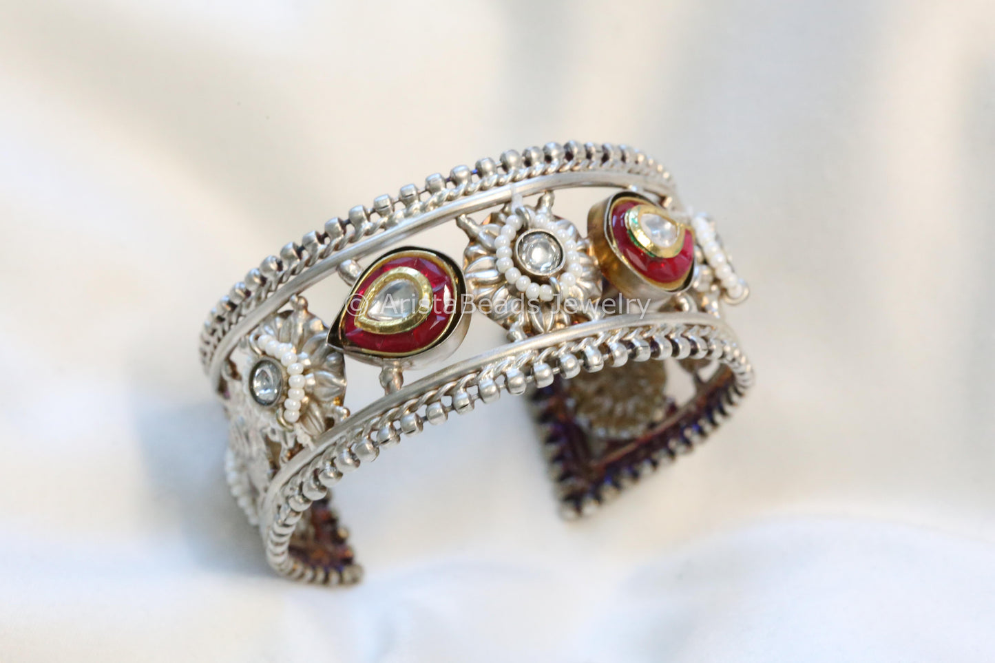 Handmade 925 Silver Plated Kundan Bracelet