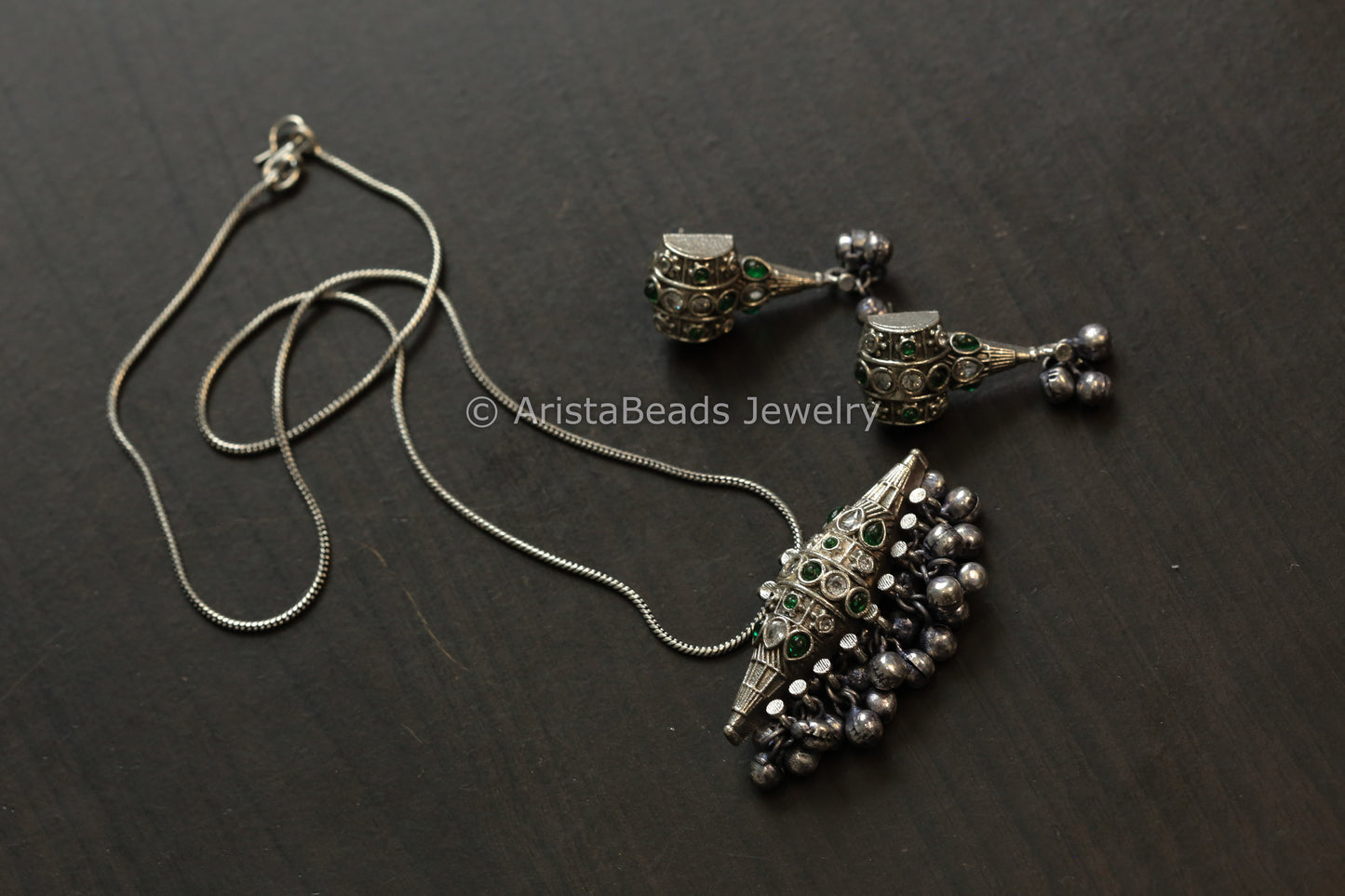 Oxidized Tabeez Necklace Set - Green Clear