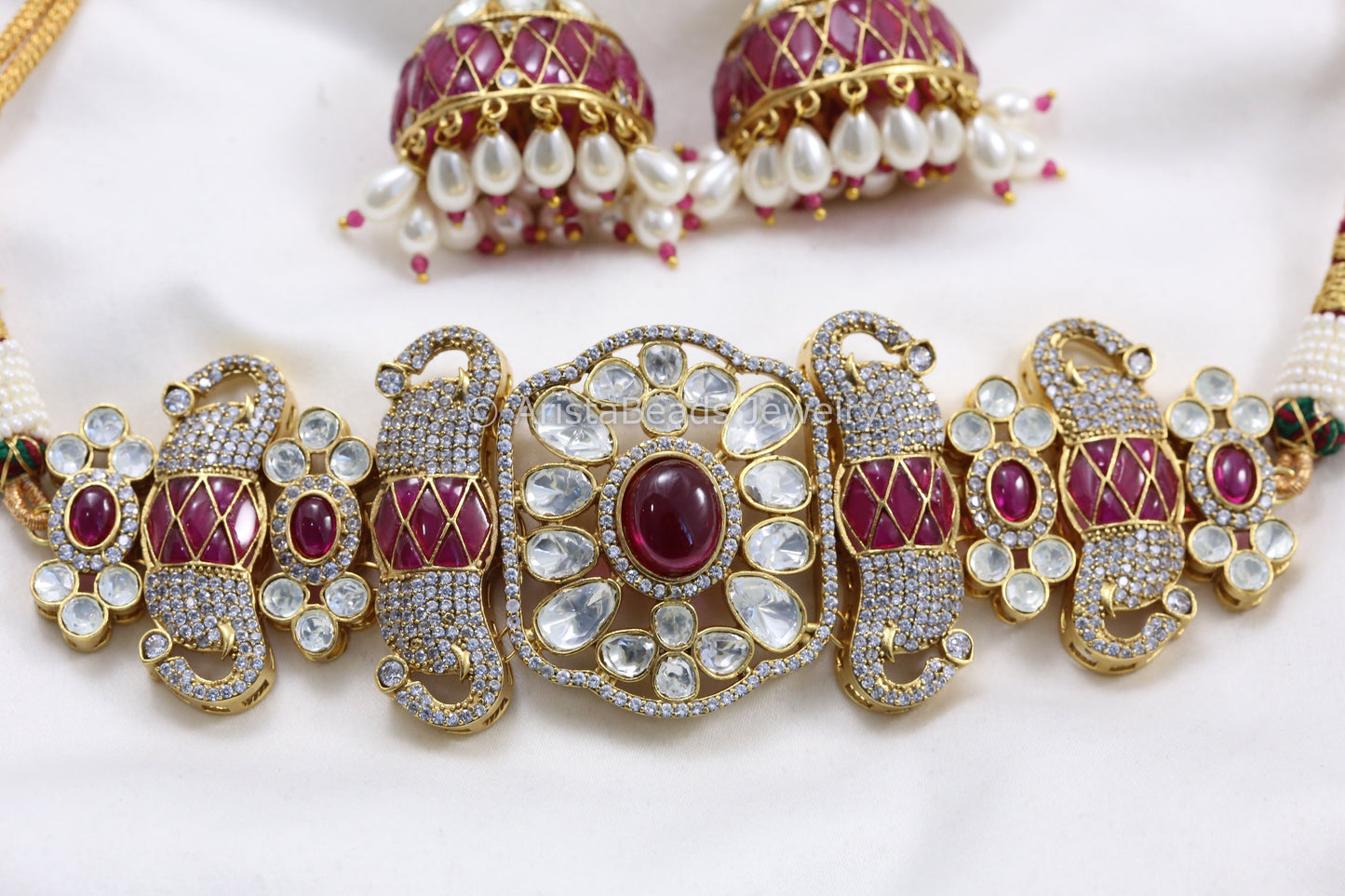 Moissanite Kundan Polki & Pota Stone Choker Set - Ruby