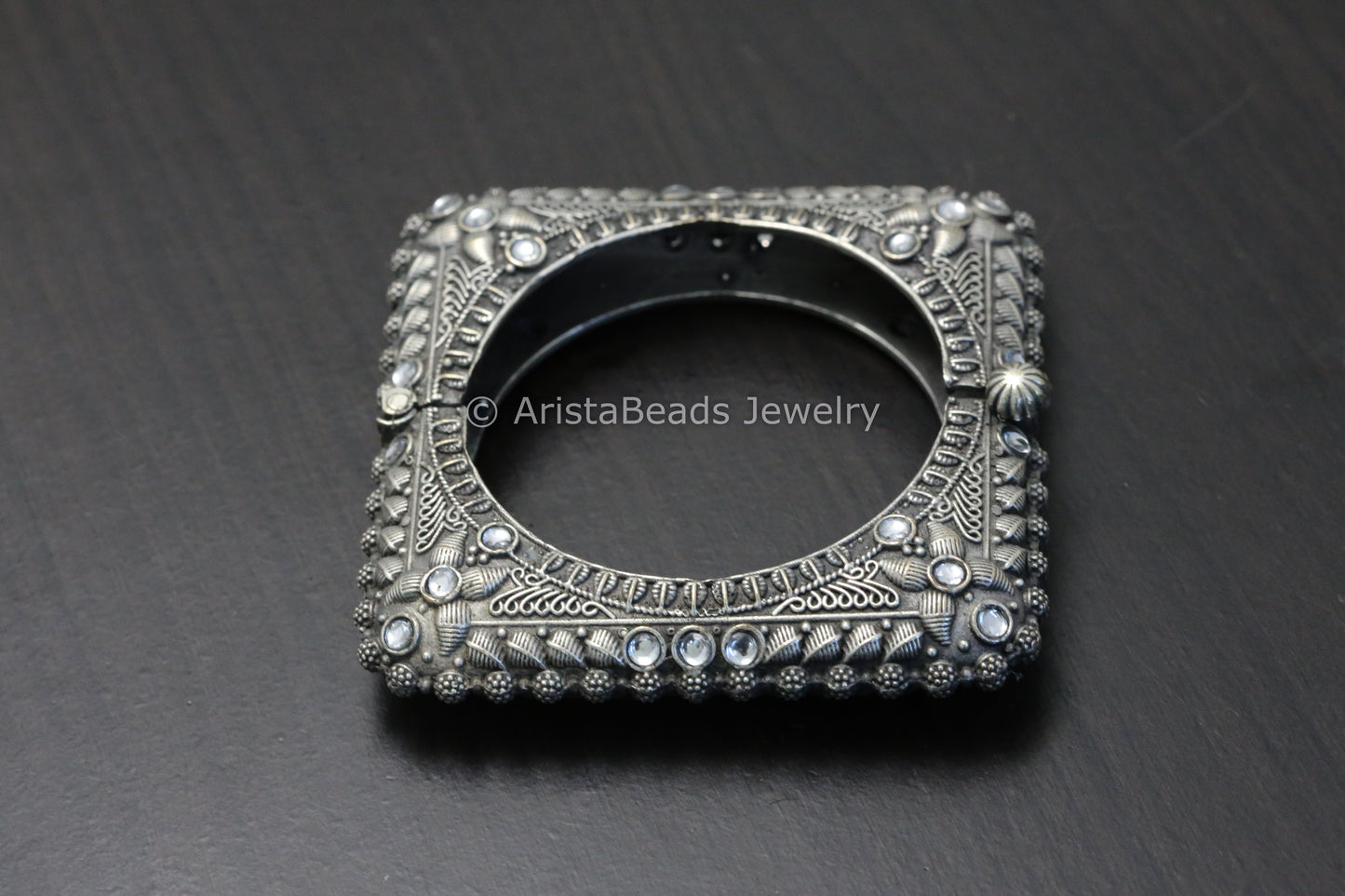 Silver Look Oxidized Square Bangle (Openable) - Clear