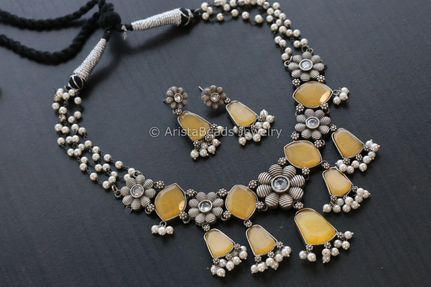 Multistrand Pearl Oxidized Necklace -Yellow