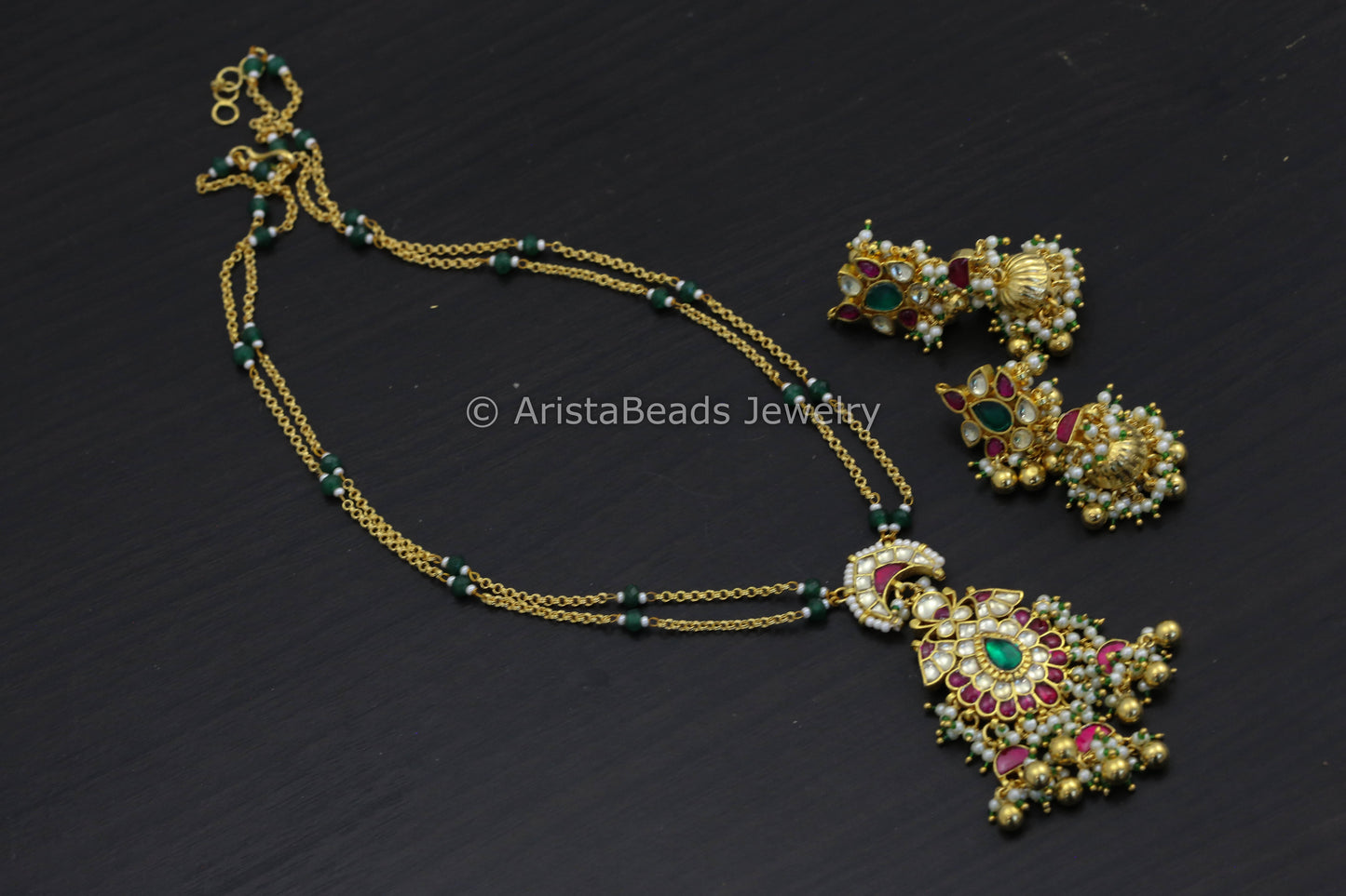 Dainty Gold Look Pachi Pendant Necklace Jhumka Set