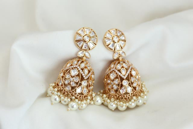 Clear Moissanite Look Polki Jhumka - Pearls