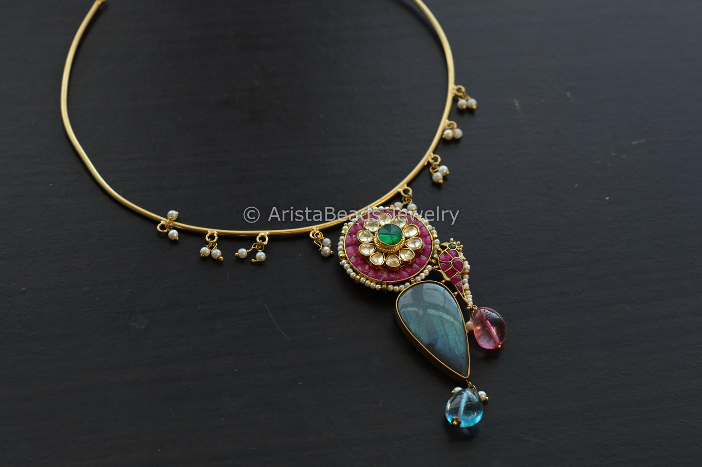 Silver Replica Labradorite Jadau Hasli Necklace
