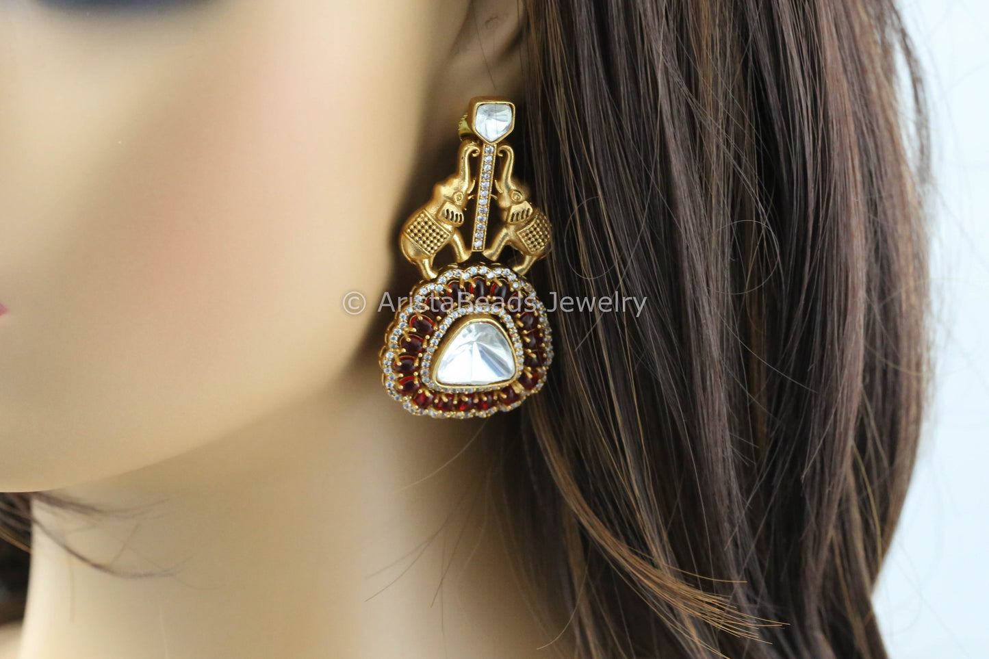 Uncut Polki Antique Earrings - Red