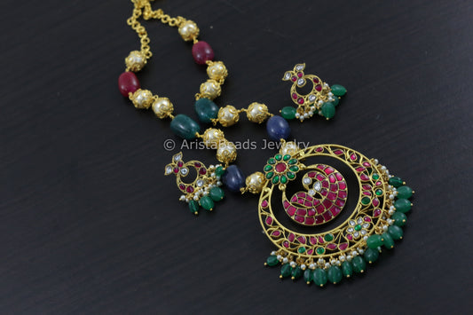 Jadau Kundan Pendant Set In Multicolor Beads