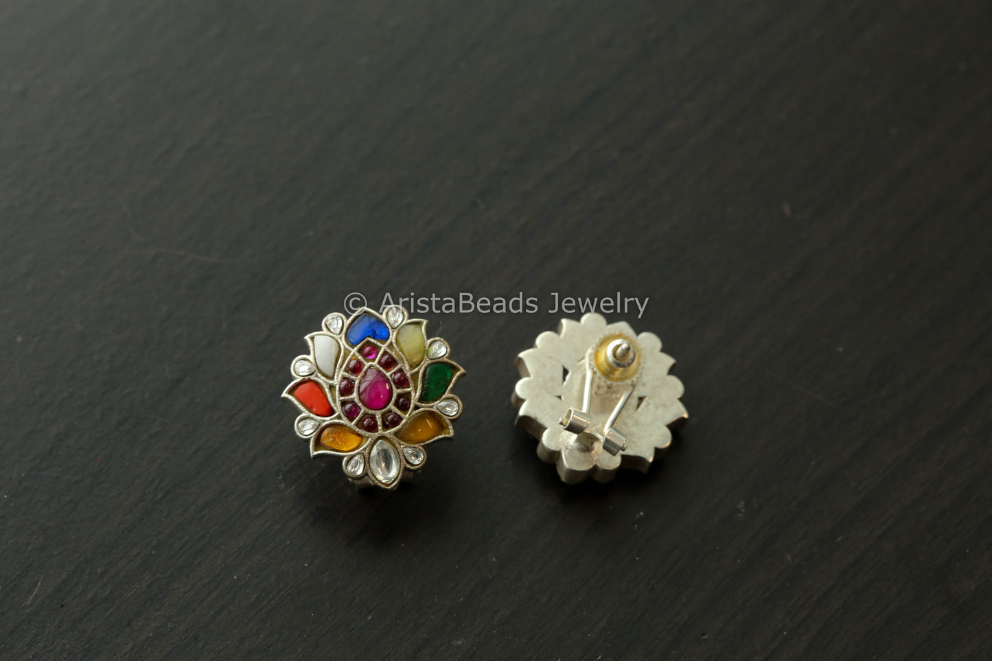 Silver Finish Navratan Jadau Studs