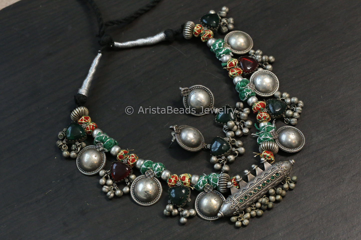 Amrapali Silver Look Alike Tabeez Necklace Set -Red Green