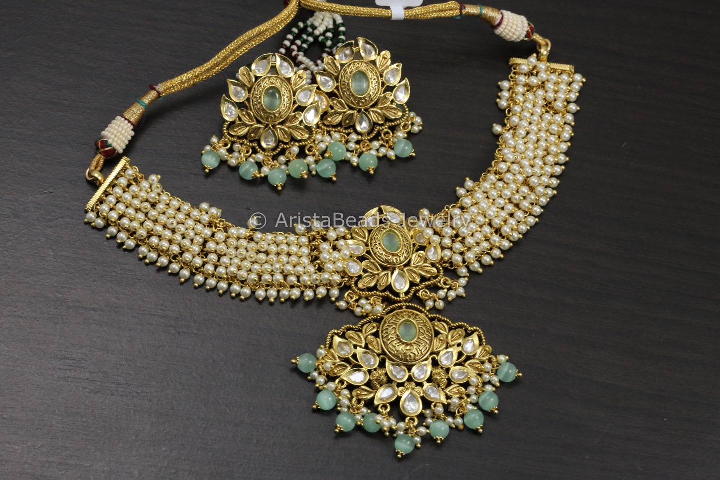 Kundan & Pearl Guttapusalu Necklace Set - Mint