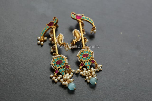 Long Fine Jadau Kundan Work Earrings - Turquoise
