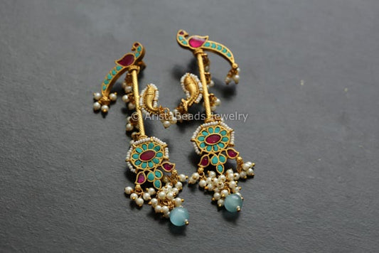 Long Fine Jadau Kundan Work Earrings - Turquoise