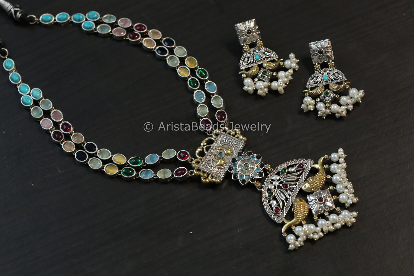 Dual Tone Navratan Kemp Brass Necklace Set