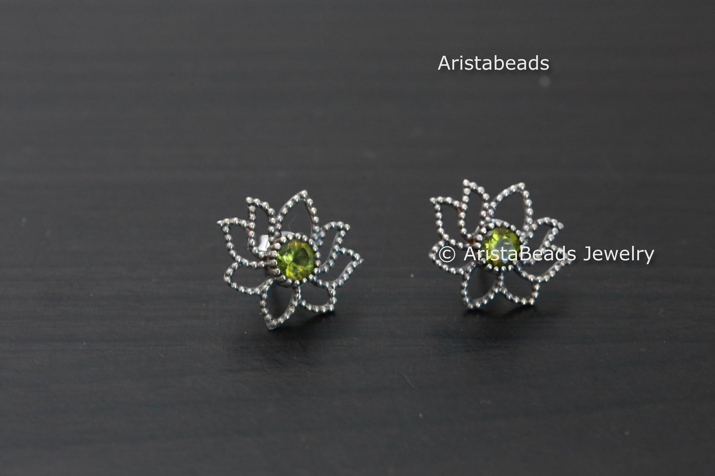 Dainty Sterling Silver Peridot Lotus Earrings