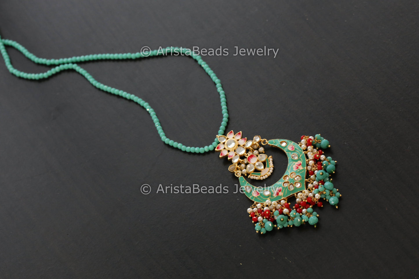 Handmade Mala Necklace With Enamel Pendant - Mint