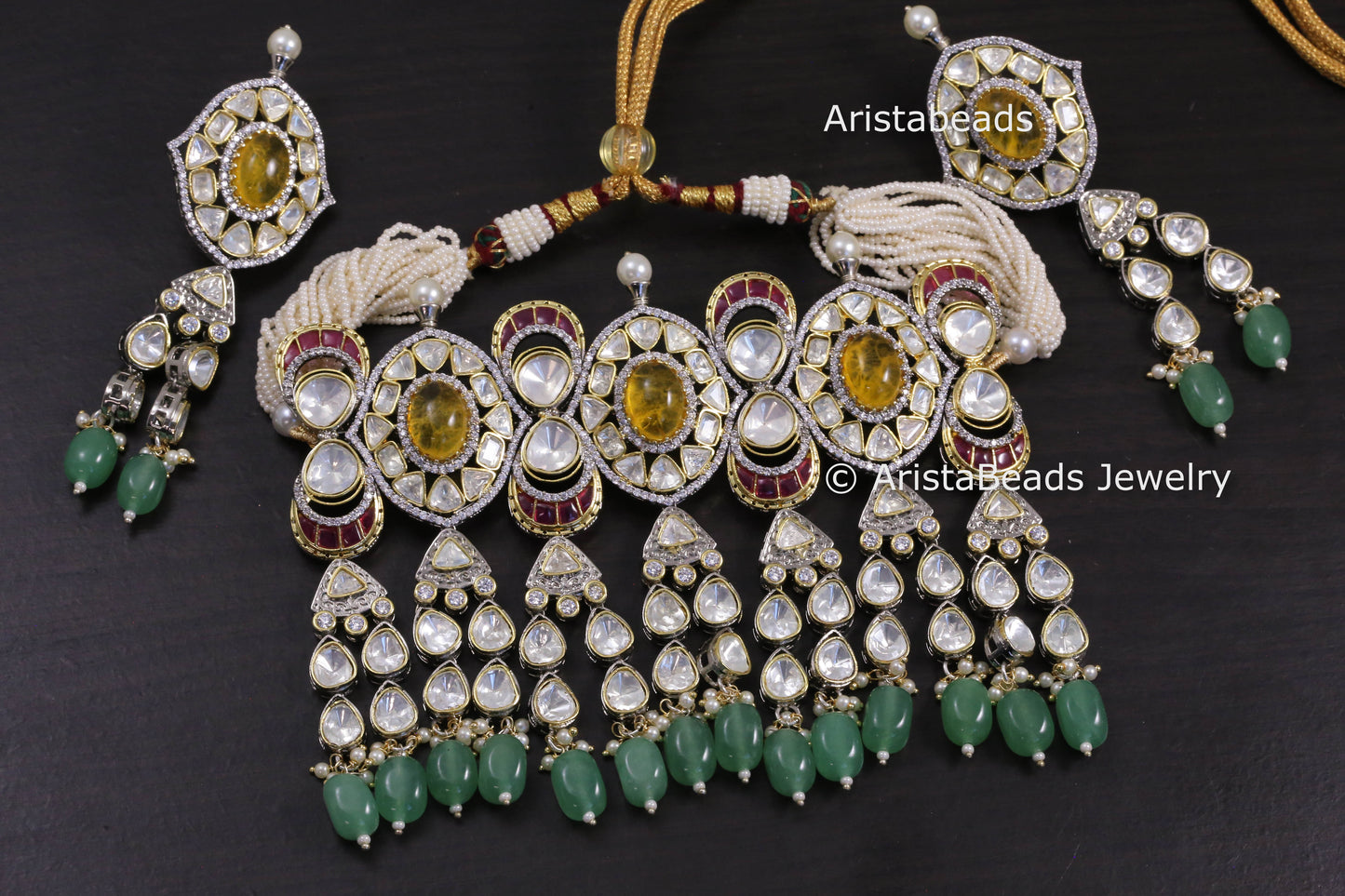 Premium Uncut Polki, Yellow Doublet & Pota Stones Necklace Set