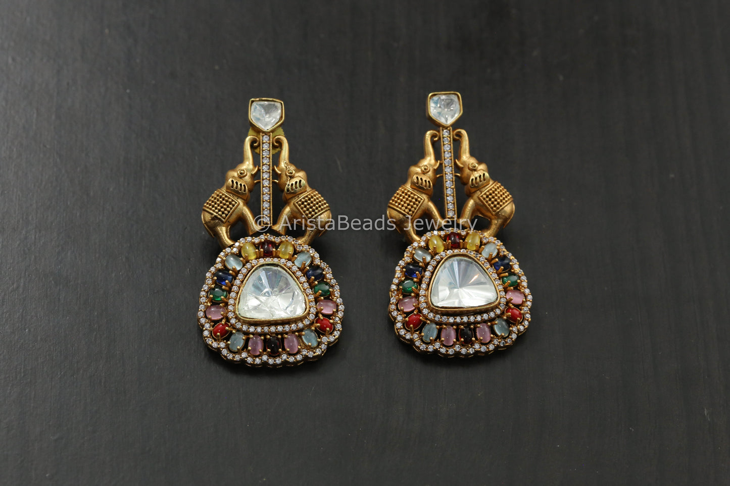 Uncut Polki Antique Earrings - Multicolor