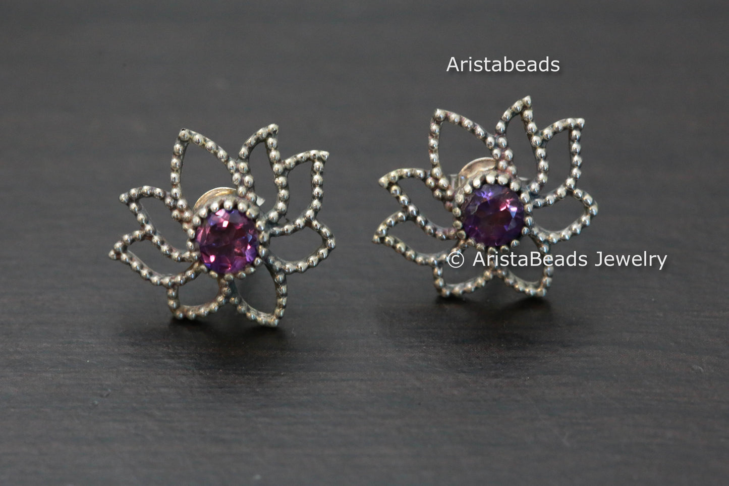Dainty Sterling Silver Amethyst Lotus Earrings