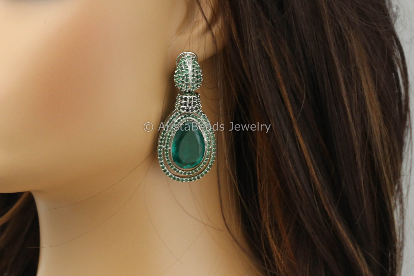 Silver CZ & Doublet Earrings - Green