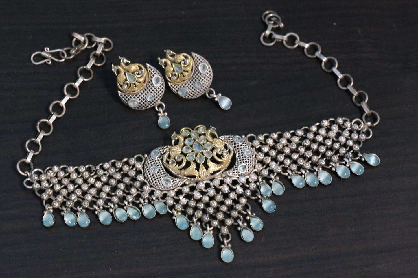 Mint CZ Drops Flexible Oxidized Necklace Set