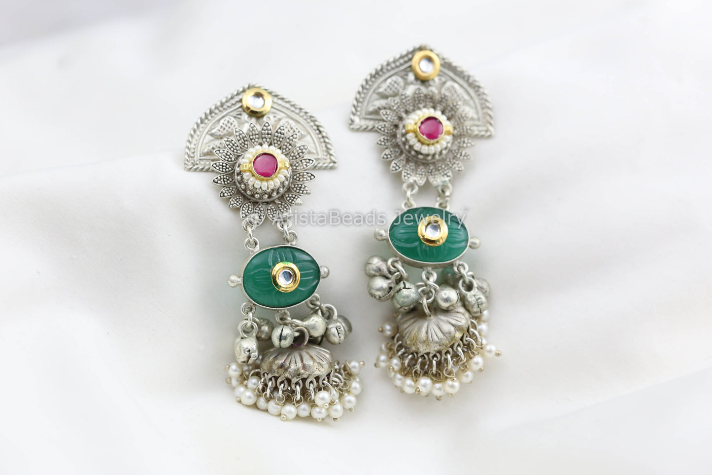 925 Silver Polish Kundan Jhumka - Green Carved Stone