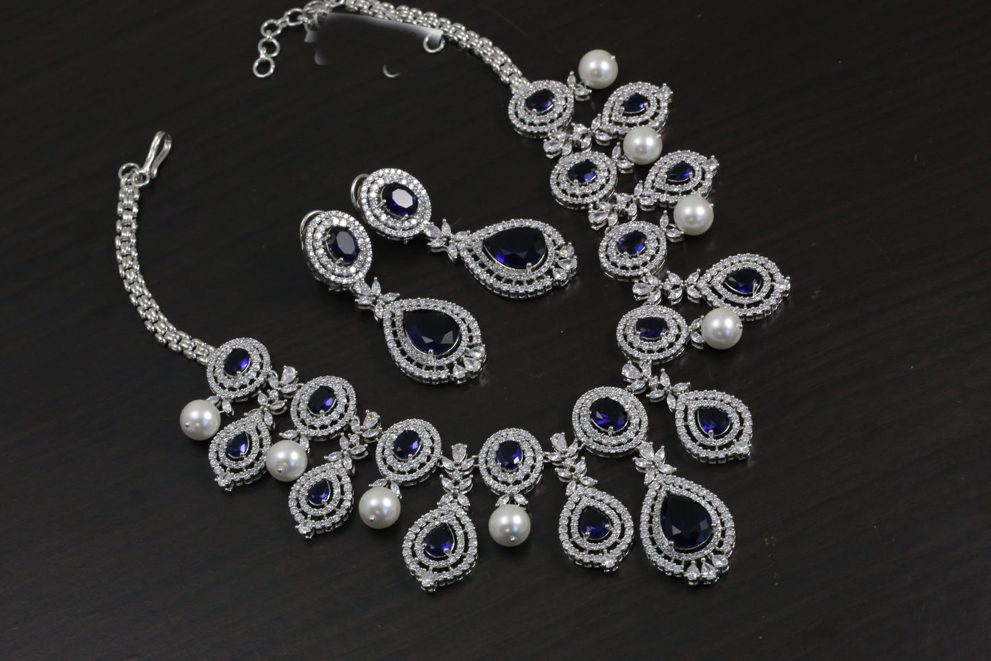 Sapphire Blue CZ & Pearl Necklace Set