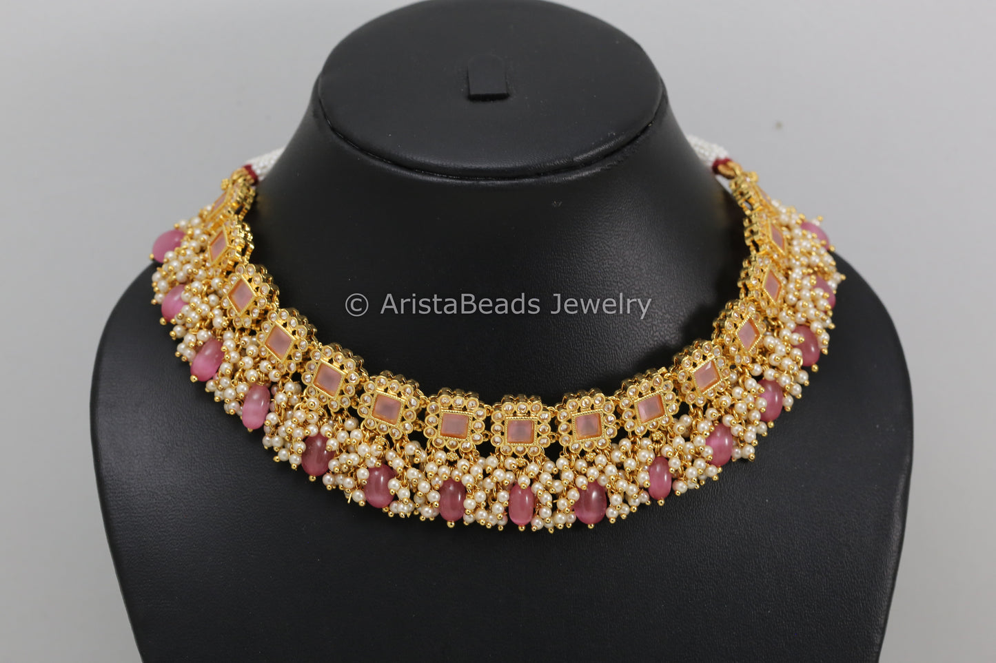 CZ Polki & Pink Monalisa Stones Necklace Set