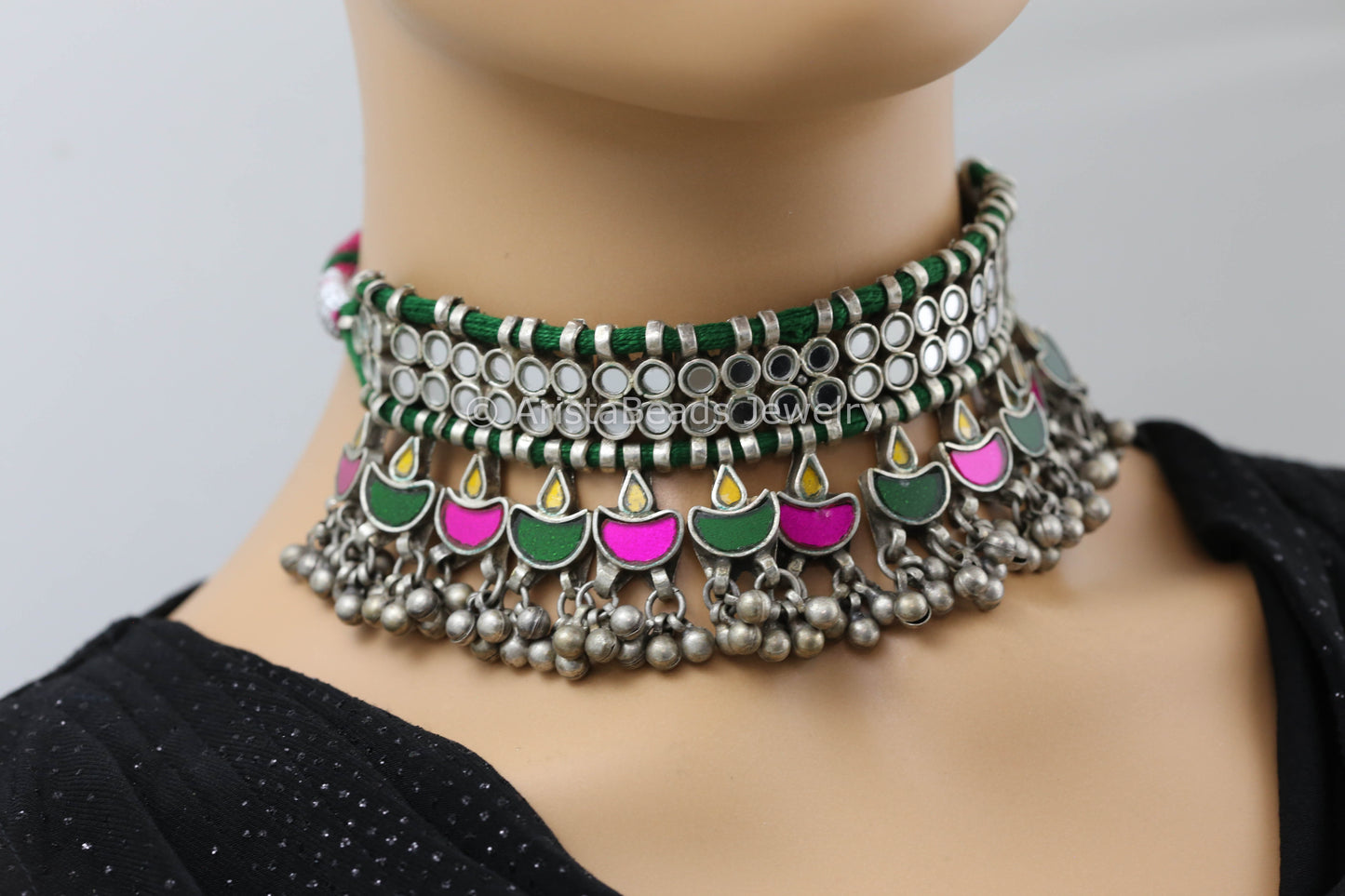 Darpan Oxidized Real Glass Necklace- Multicolor