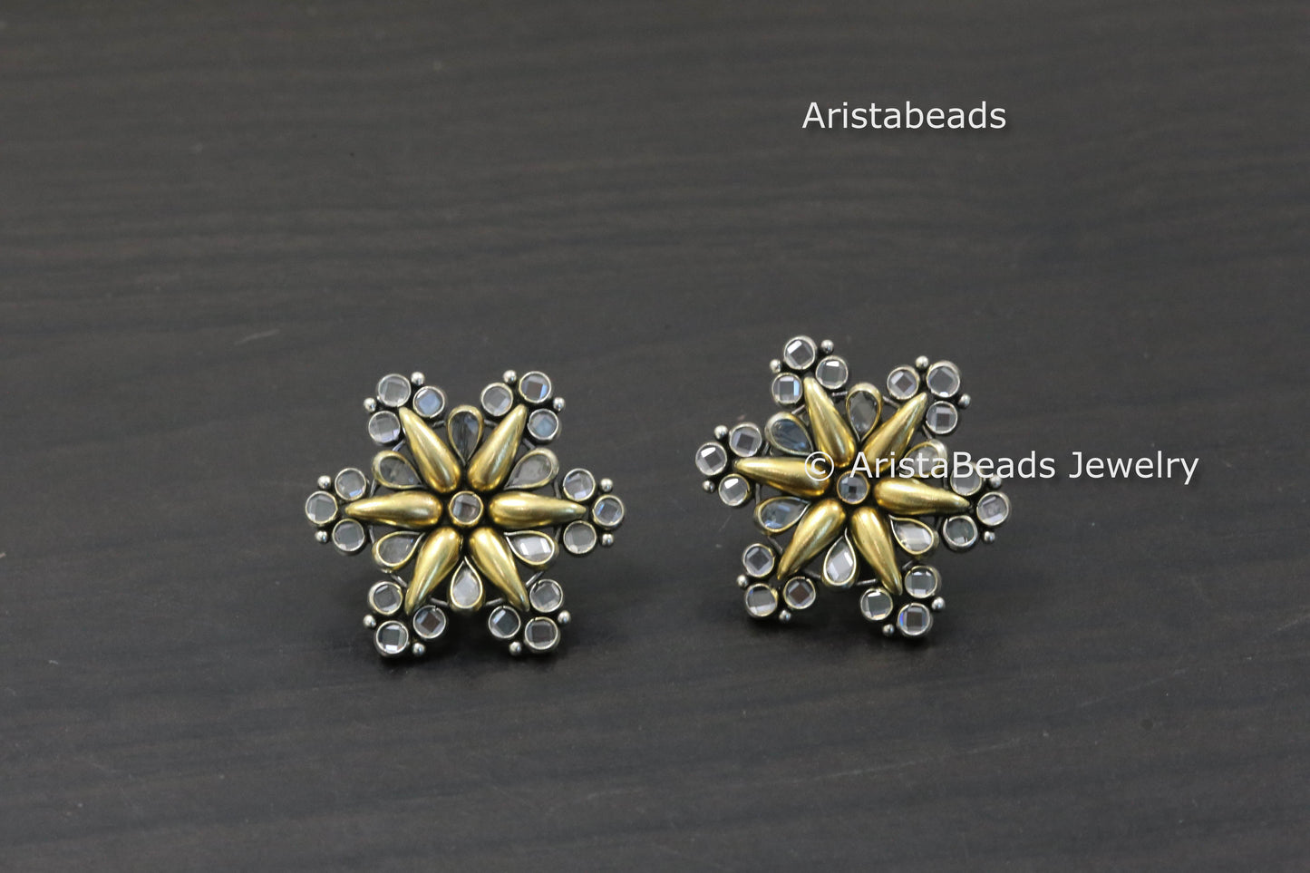 Tara 925 Sterling Silver Dual Tone Polki Studs