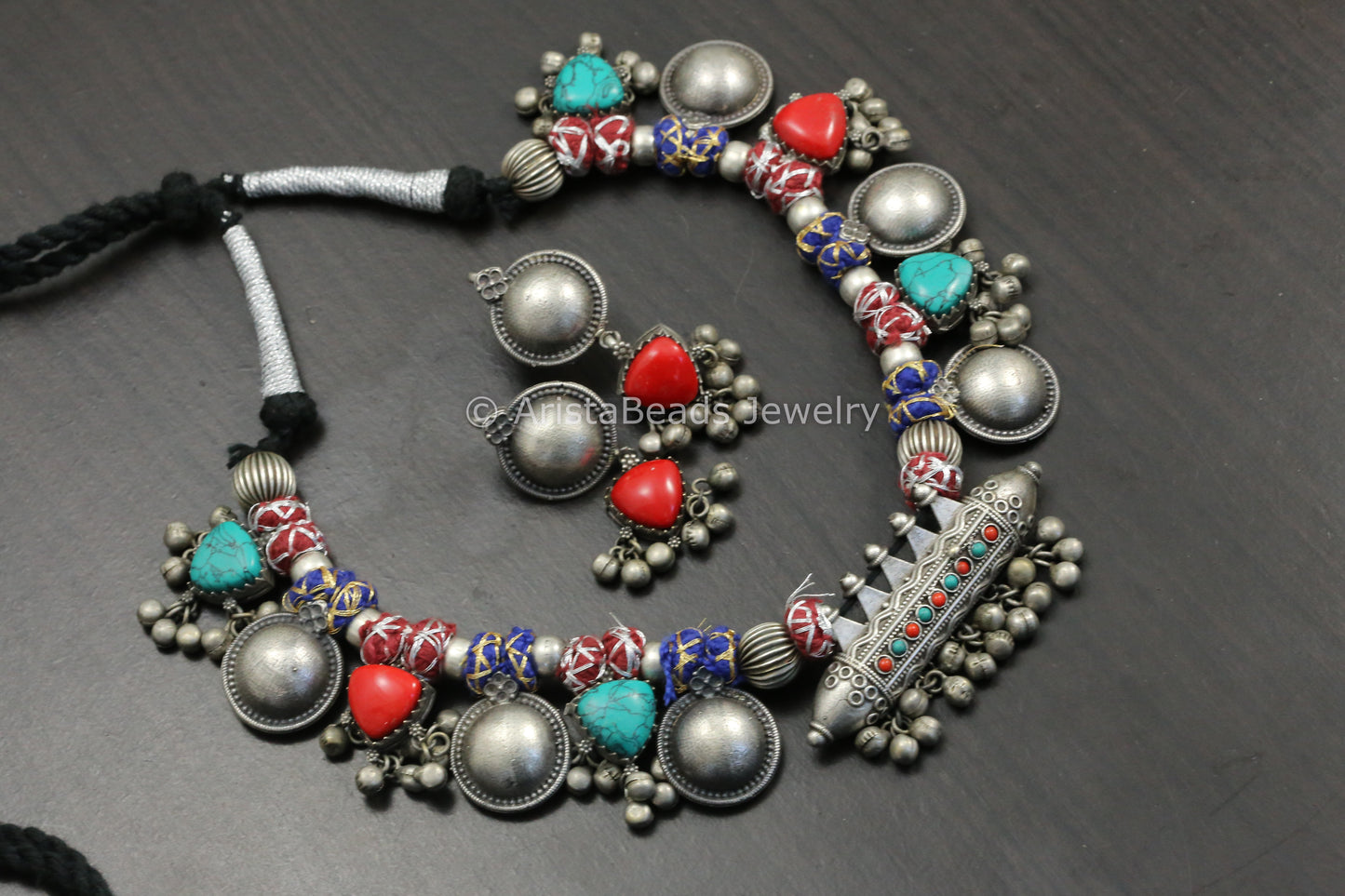 Amrapali Silver Look Alike Tabeez Necklace Set -Coral Turquoise