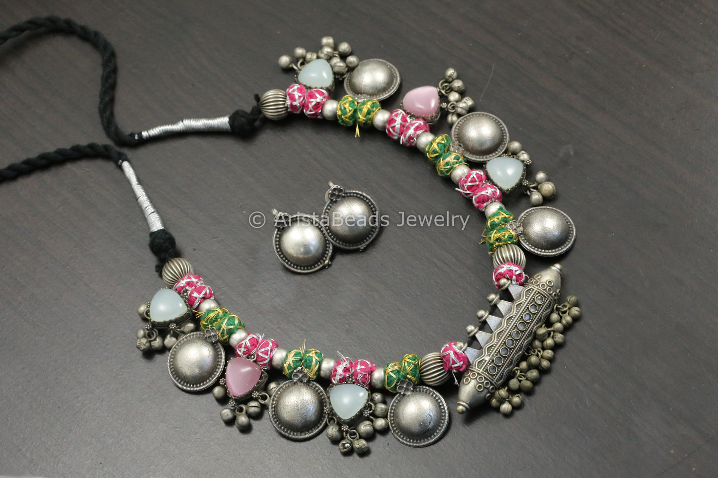 Amrapali Silver Look Alike Tabeez Necklace Set - Pink Green