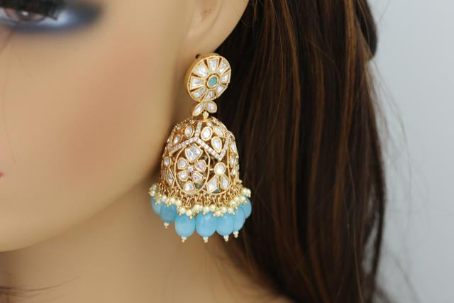 Clear Moissanite Look Polki Jhumka - Blue