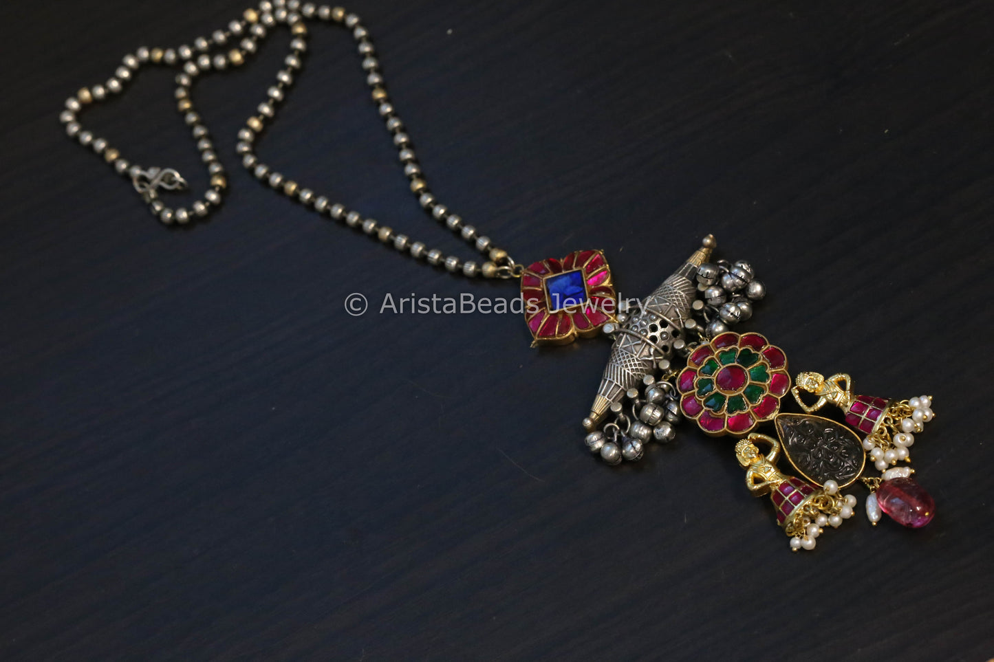 Silver Replica Carved Stone & Jadau Necklace