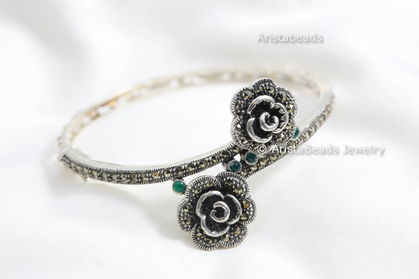 925 Sterling Silver Marcasite & Green Onyx Bracelet