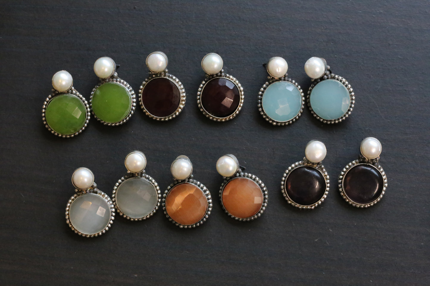 Semiprecious Stone & Real Pearl Studs