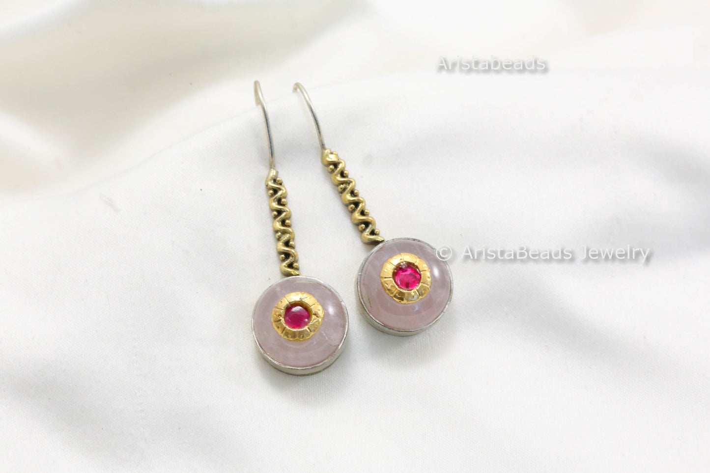 925 Sterling Silver Dual Tone Rose Quartz Earrings