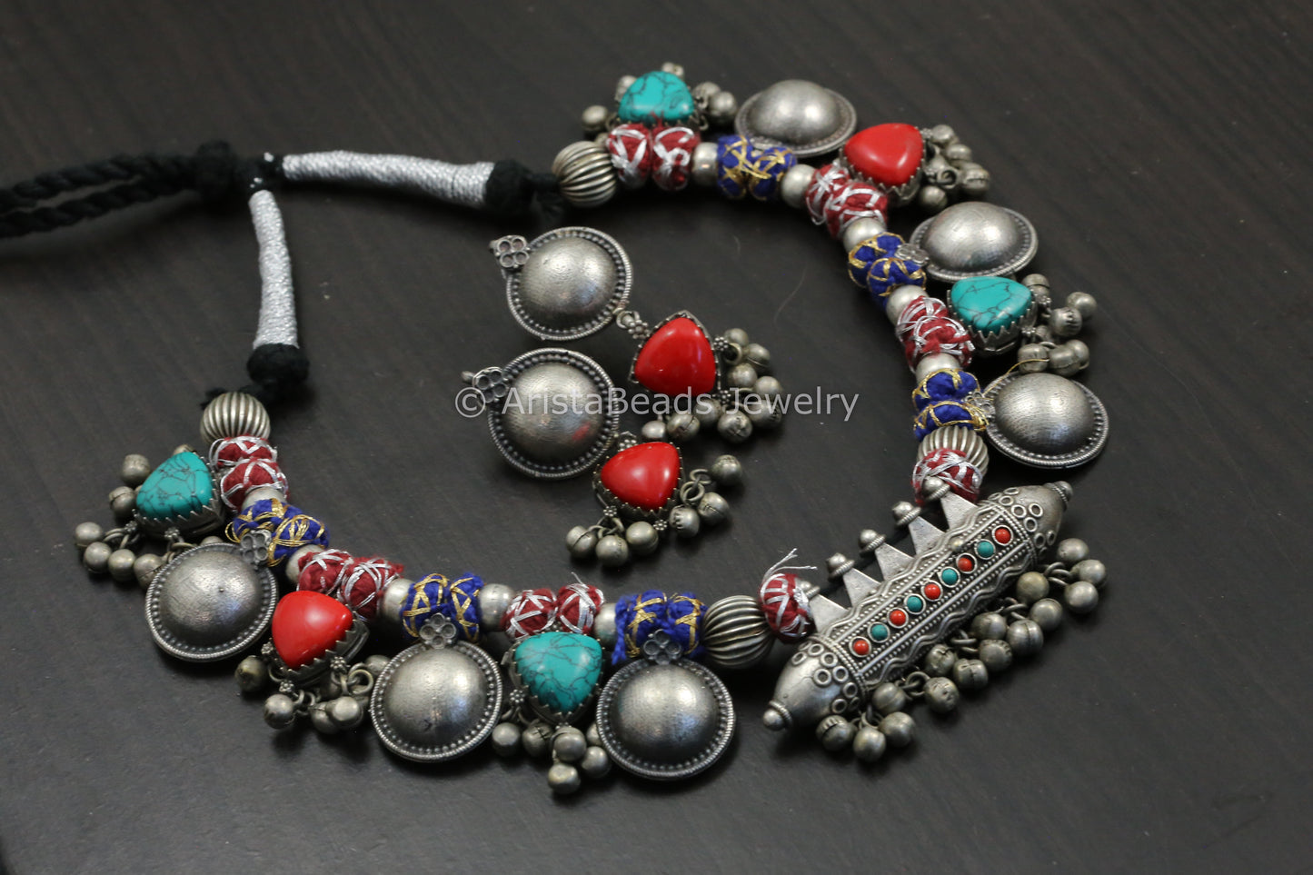 Amrapali Silver Look Alike Tabeez Necklace Set -Coral Turquoise