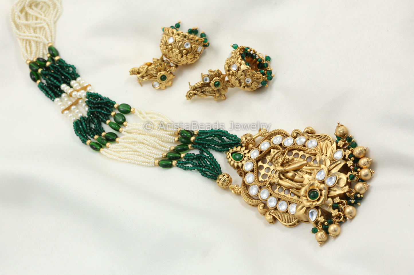 Shri Krishna Kundan Polki Necklace Set - Green