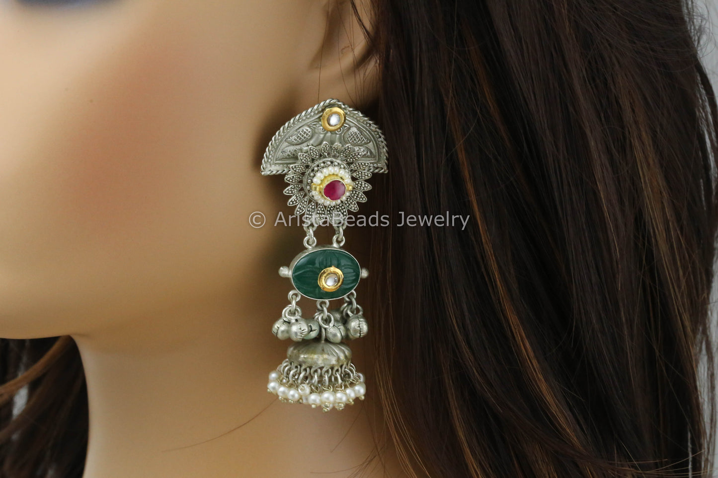 925 Silver Polish Kundan Jhumka - Green Carved Stone