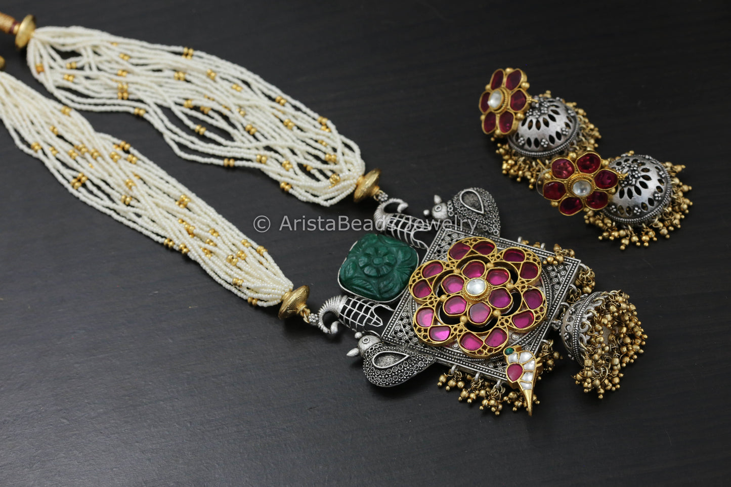 Dual Tone Pota Stone Kundan Necklace Set - Green Ruby