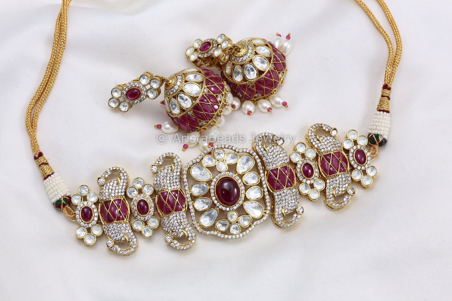 Moissanite Kundan Polki & Pota Stone Choker Set - Ruby