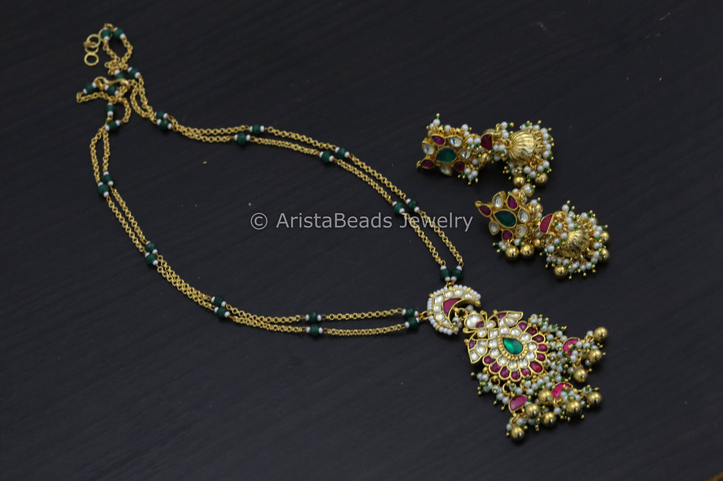 Dainty Gold Look Pachi Pendant Necklace Jhumka Set